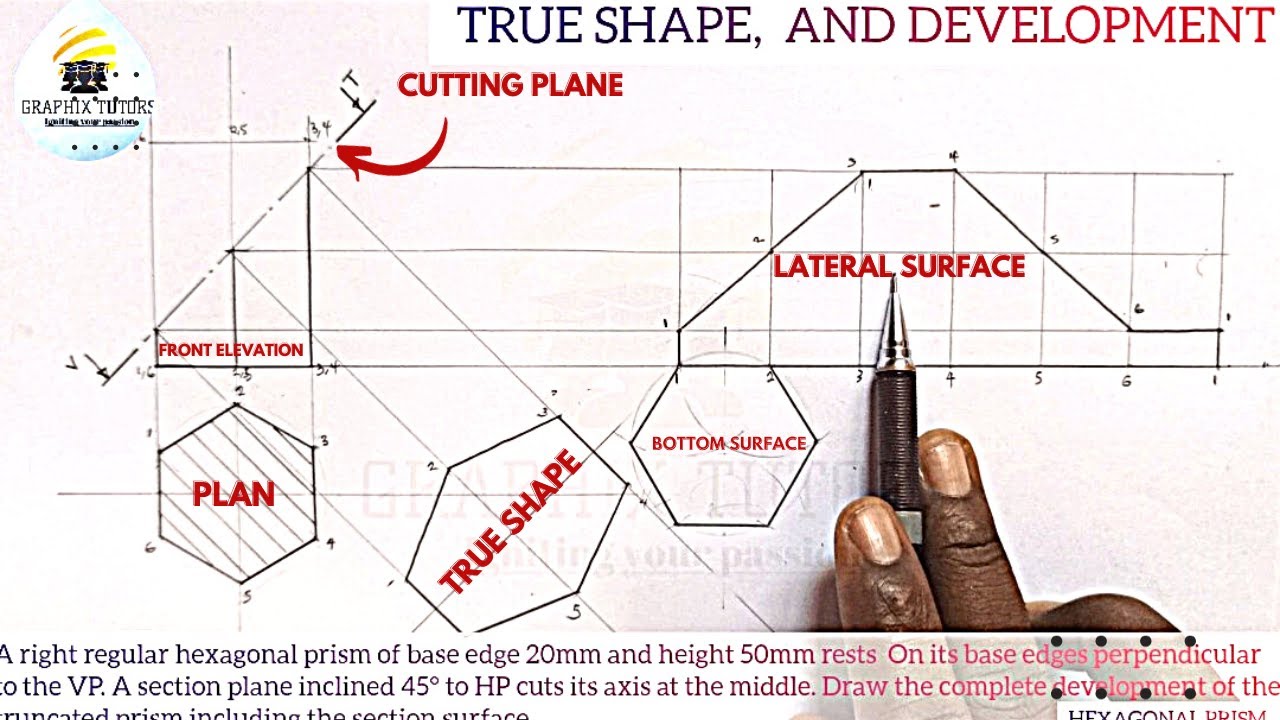 TRUE SHAPE, SECTIONED SURFACE AND PATTERN DEVELOPMENT OF A TRUNCATED HEXAGONAL PRISM, #trueshape