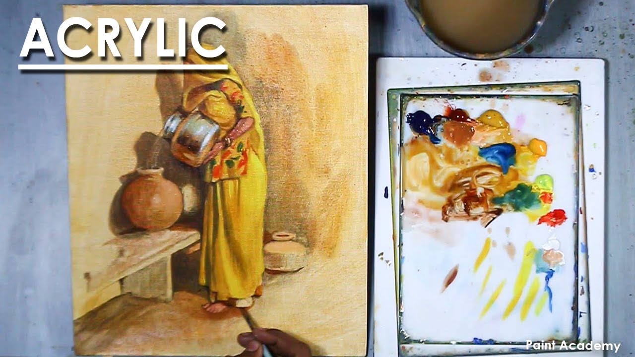 Acrylic Painting : Village Woman with Pot