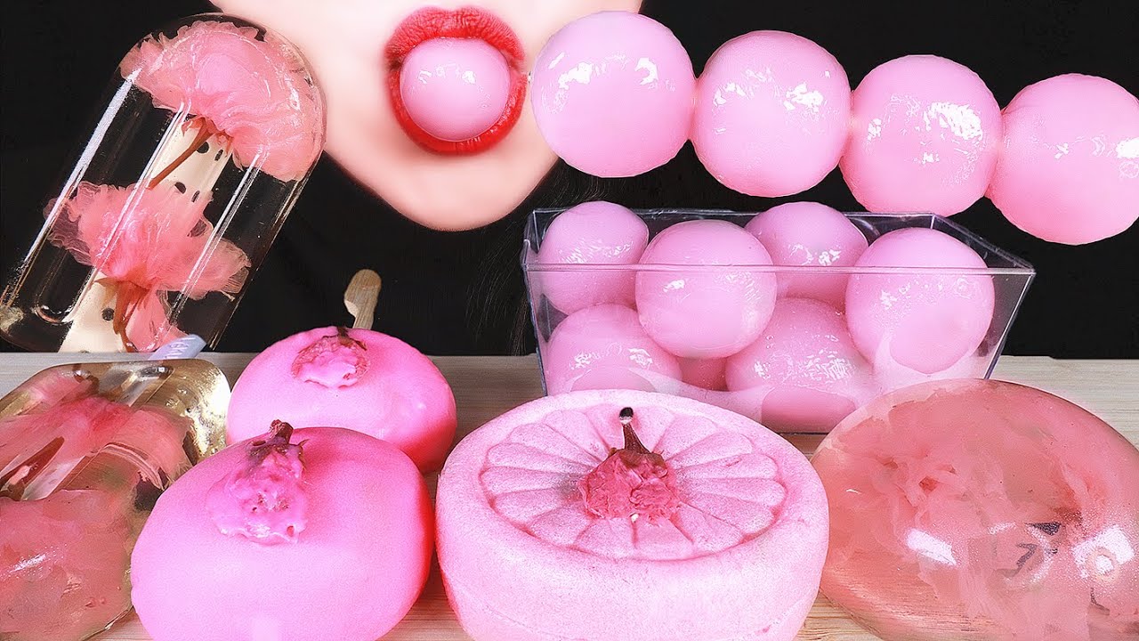 ASMR 🌸SAKURA CHERRY BLOSSOM RAIN DROP JELLY, RICE BALLS, MOCHI, MONAKA EDIBLE FLOWERS 桜 大福 咀嚼音 젤리 먹방