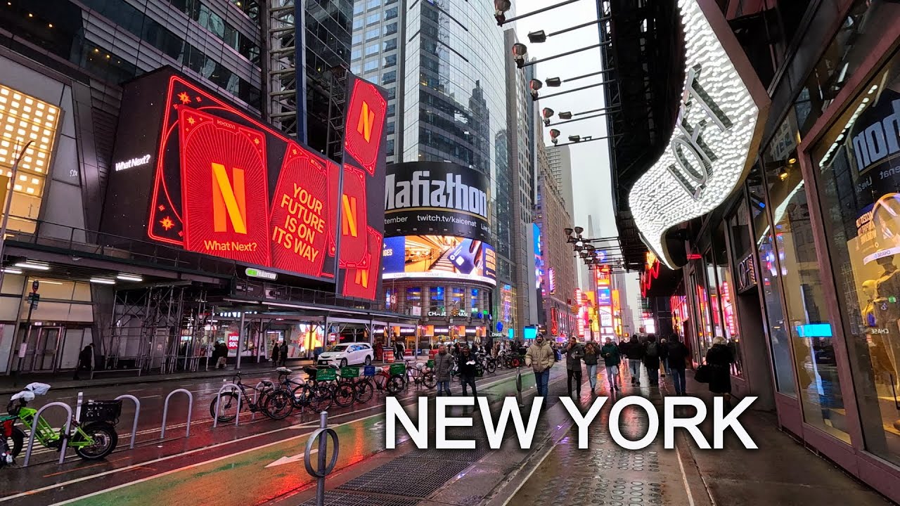New York Walking Tour | Rainy Sunday in Times Square & Midtown | 4K 60fps