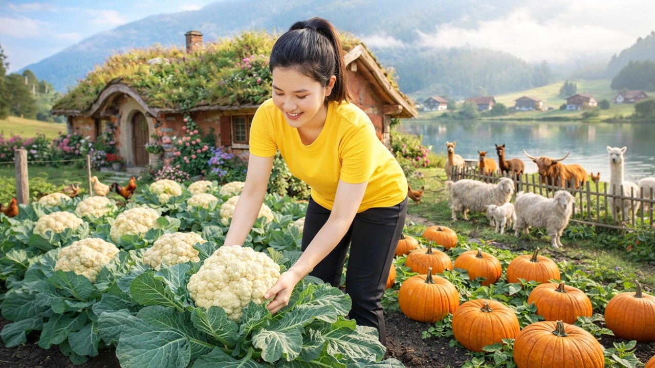 Harvesting Giant Cauliflower and Pumpkins, Building an Outdoor Bamboo Bathhouse | Thuy Countryside