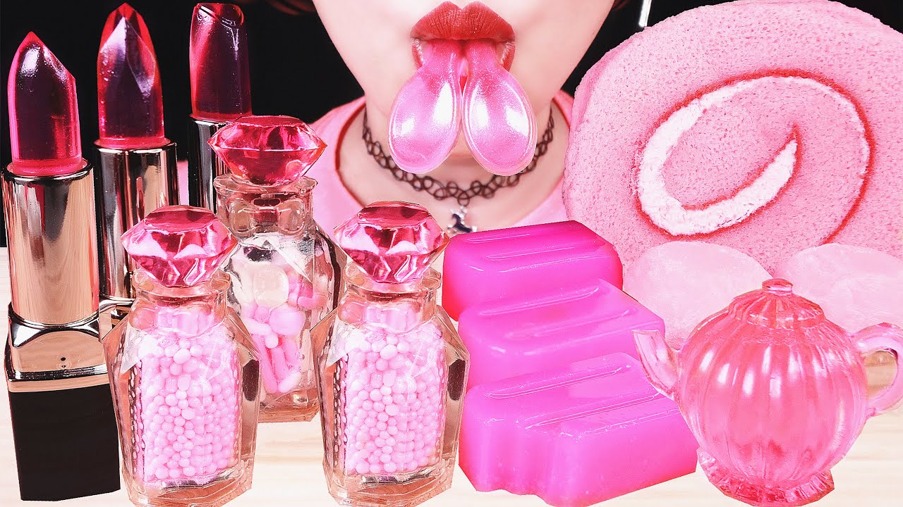 ASMR PINK FOODS EDIBLE PERFUME BOTTLES, LIPSTICKS, TEAPOT, JELLO SPOONS, MOCHI, CAKE, MUKBANG 吃播 먹방
