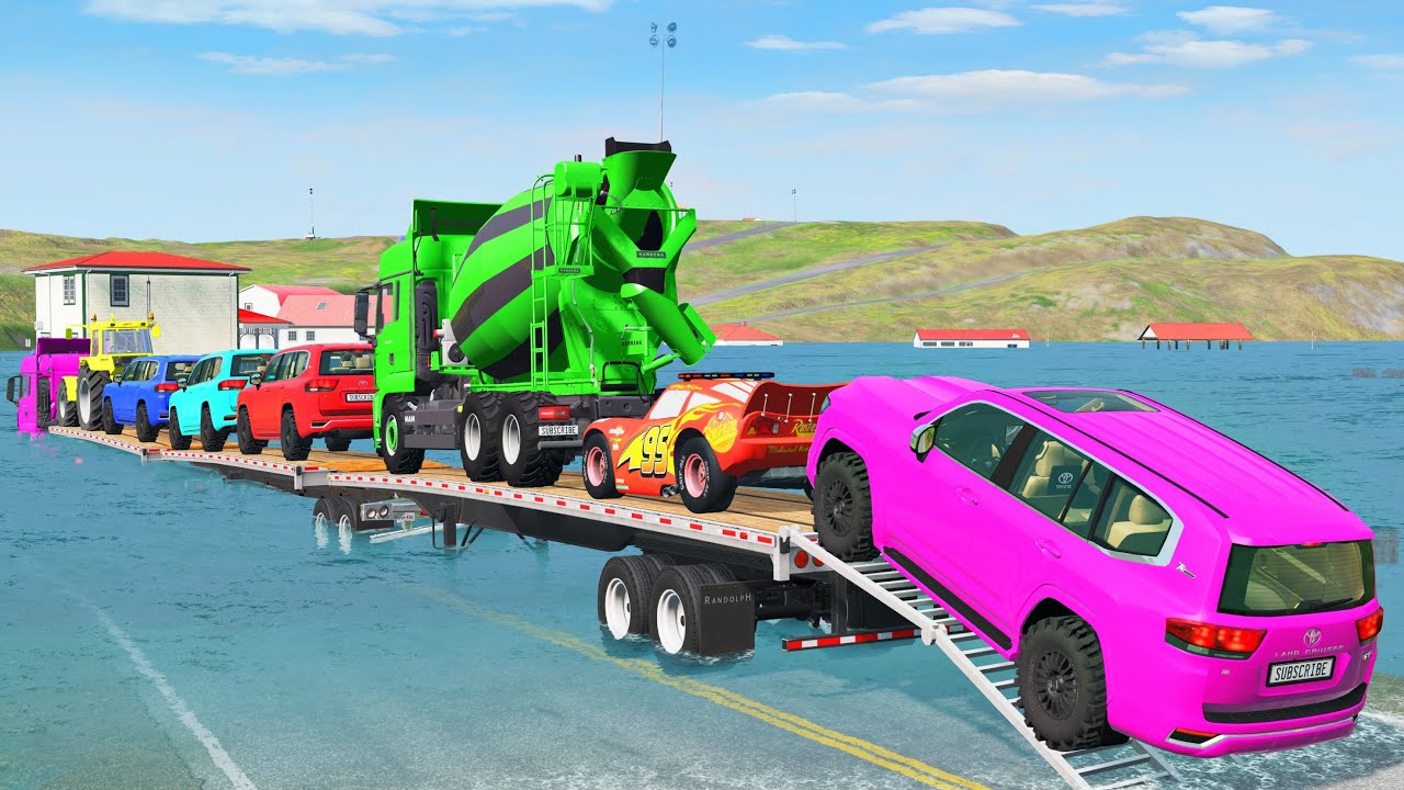 Triple Flatbed Trailer McQueen Transportation with Truck - Speedbumps vs Cars vs Train - BeamNG #