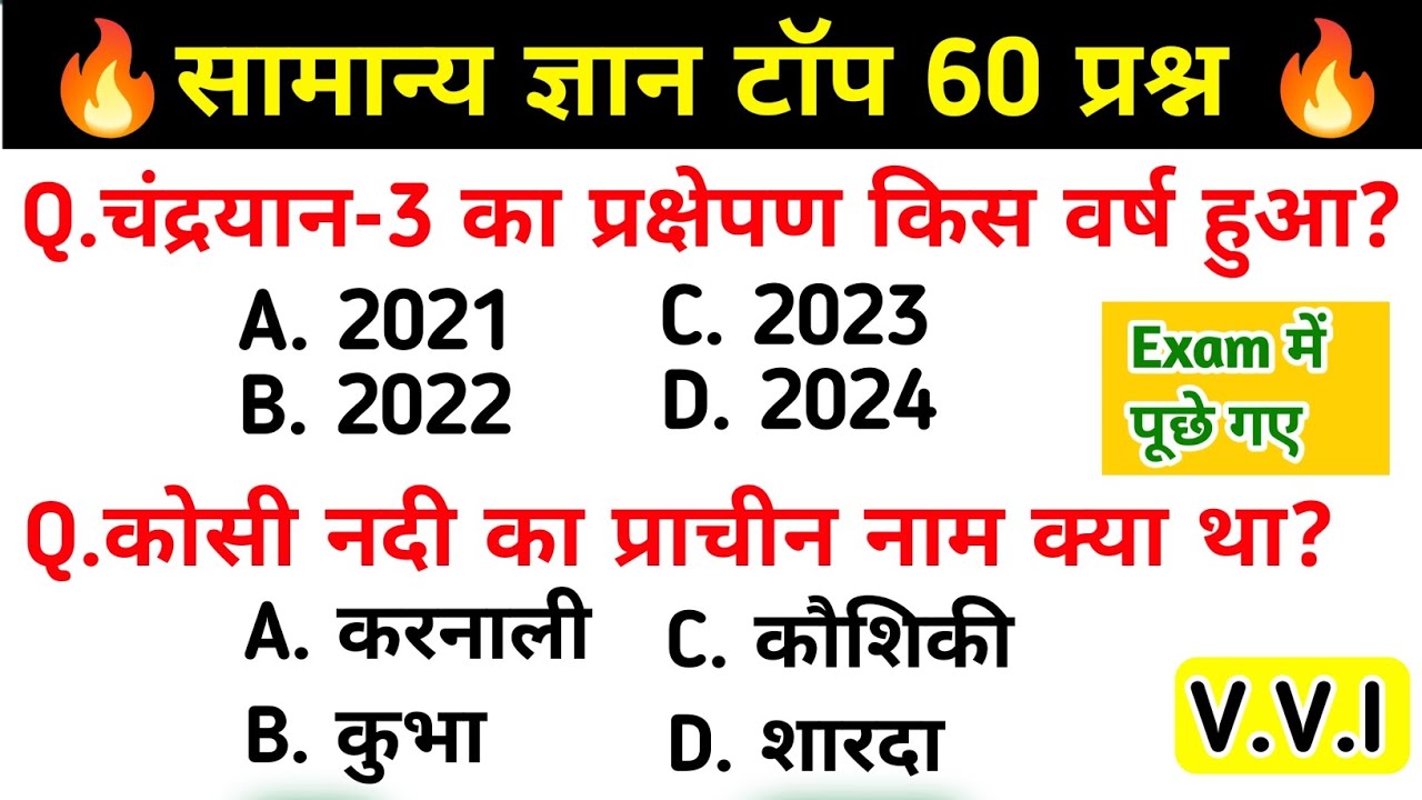 सामान्य ज्ञान | General Knowledge | Top 60 GK/GS Questions  | SSC GD, MTS, RPF, CRPF | GK Quiz Hindi
