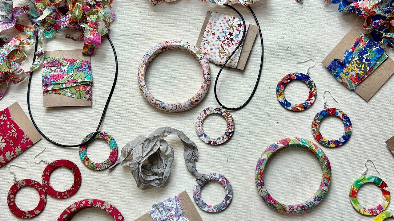 Fabric Earring Making, Textile Art Pendant, Fabric Bangle Making, Fiber Art Jewelry. Boho Jewelry.