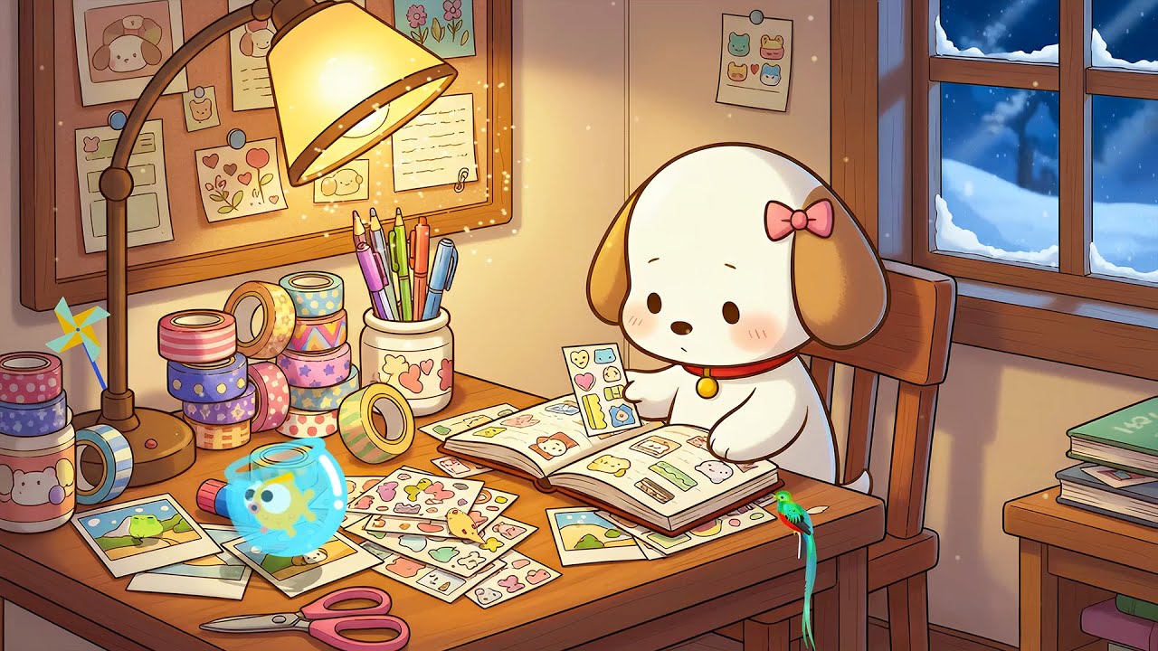 Snowy Night Study Room ❄️ Lofi Puppy Beats For Focus And Journaling 🎀 Cozy Warm Lamp Ambience