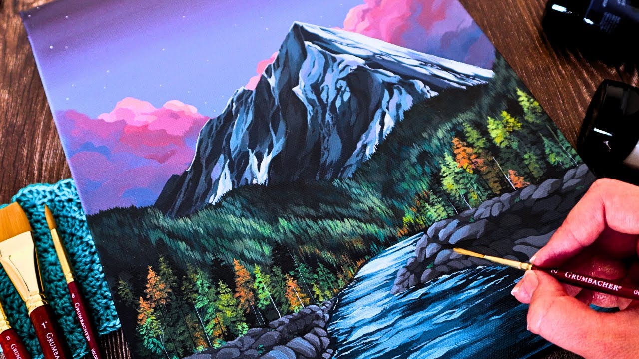 Easy Mountain Landscape Painting for Beginners / Paint With Me 💜