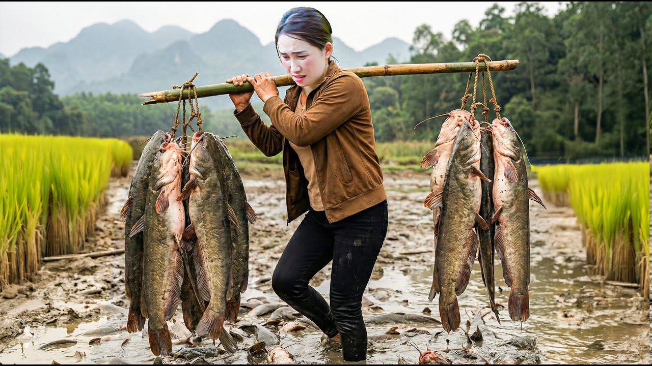 Harvesting Catfish In Rural Rice Fields, Grilled Fish For Cold Winter | Peaceful Life