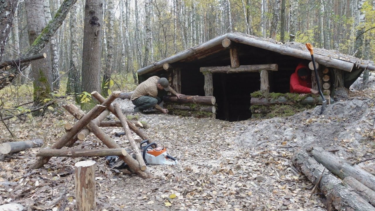 biggest dugout shelter build , bushcraft shelter , dark wood , night with stove
