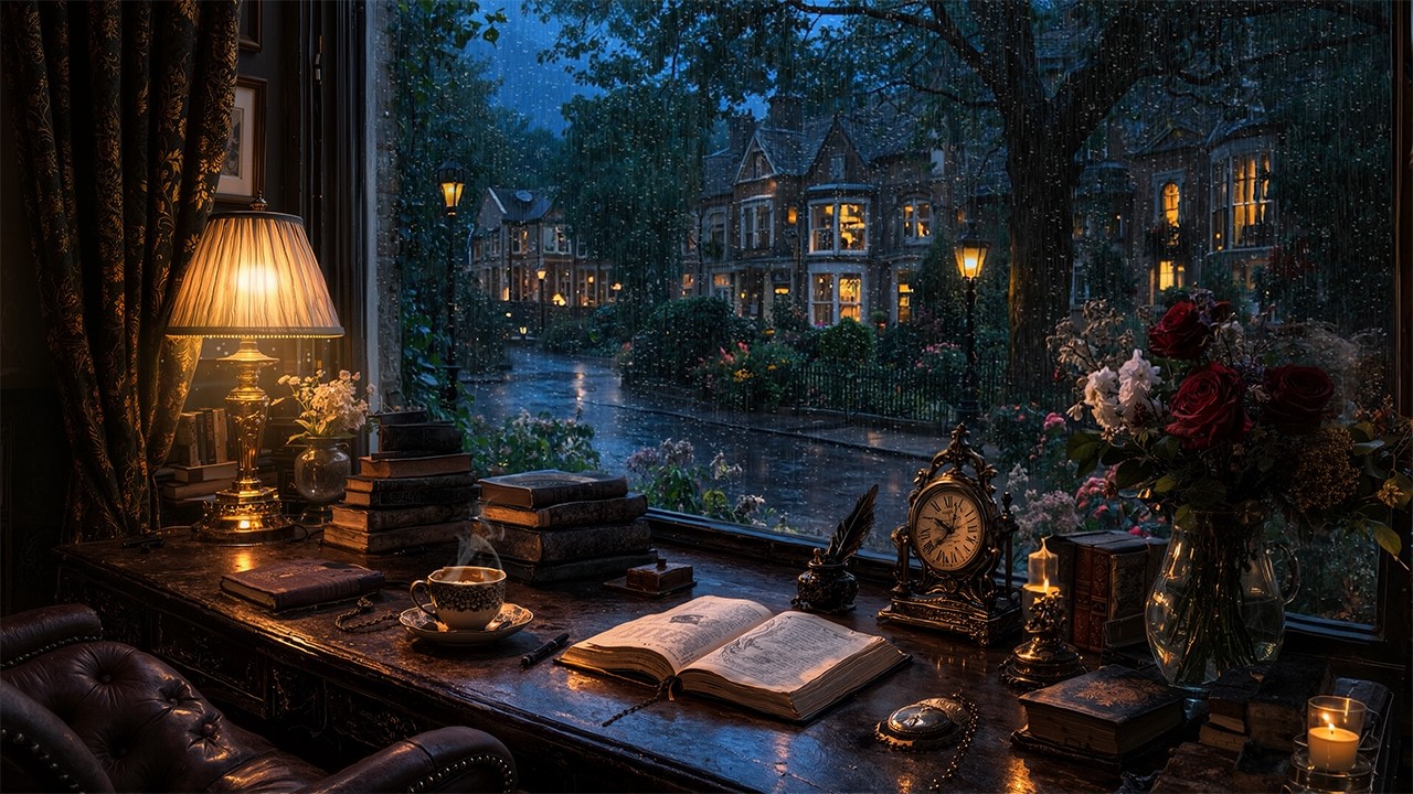 Cozy Window Reading Nook with Rain in Victorian Study Room | Dark Academia Music & Ambient Piano