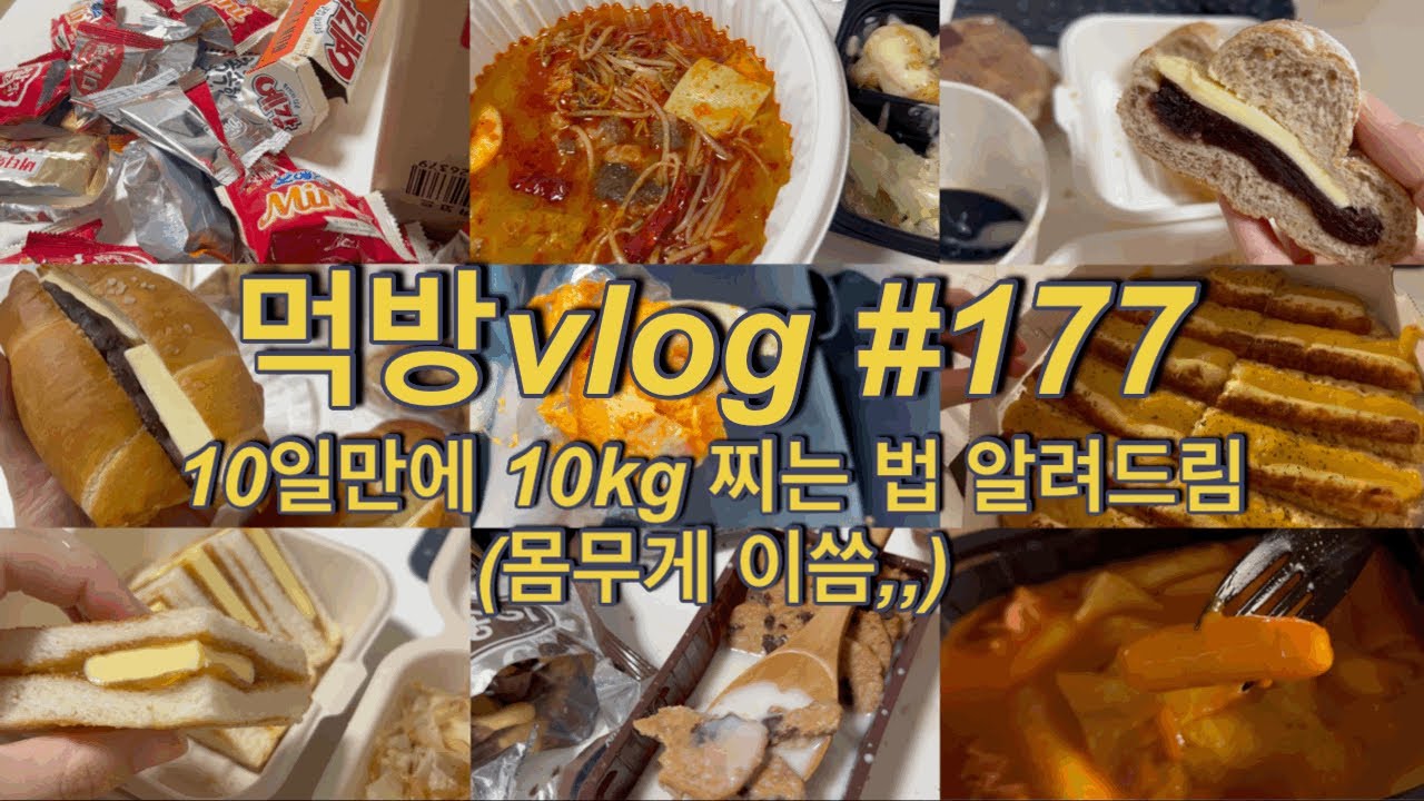 [먹방vlog]#177 10일만에 10kg 찌는 방법 알려드림(몸무게 이씀,,,)ㅣ(앙버터, 카야버터, 베이글, 마라탕, 과자, 김치찜, 콩국수, 초코, 떡볶이, 피자, 치킨 등)