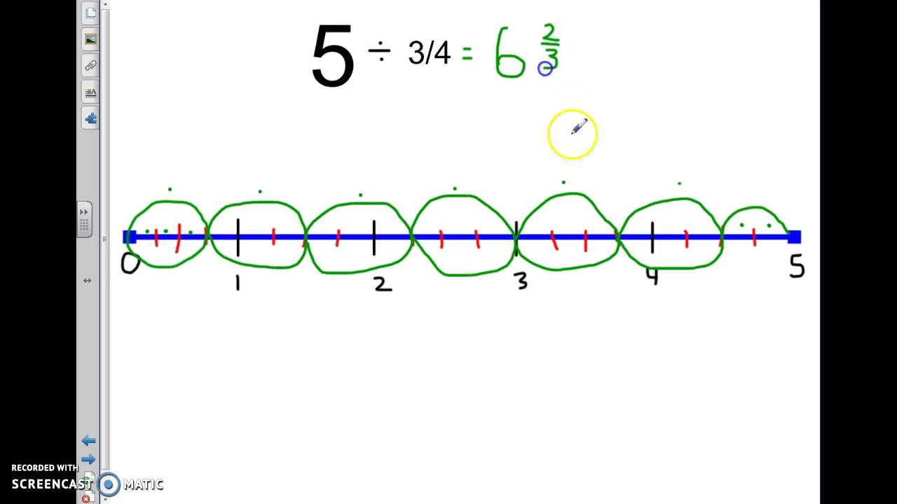 Dividing fractions on a number line: mixed number quotient