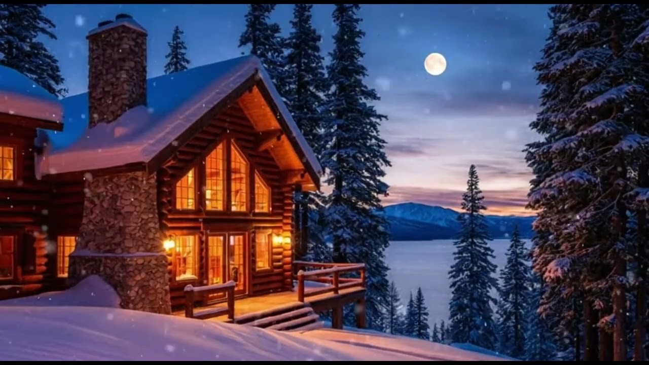 10 Hours of Cozy Winter Cabin Ambience / Falling Snow & Peaceful Lake at Night