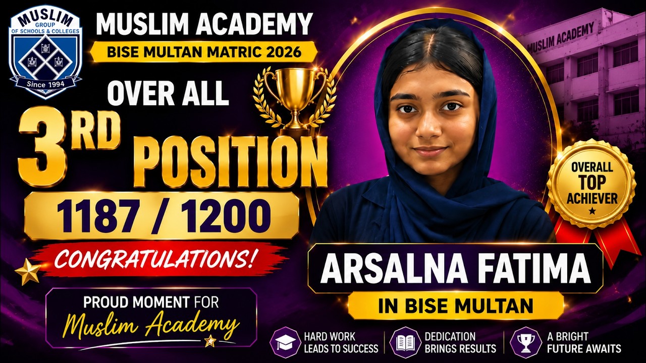 🏆 Arsalna Fatima Secures Overall 3rd Position in BISE Multan Matric 2026 | Muslim Academy