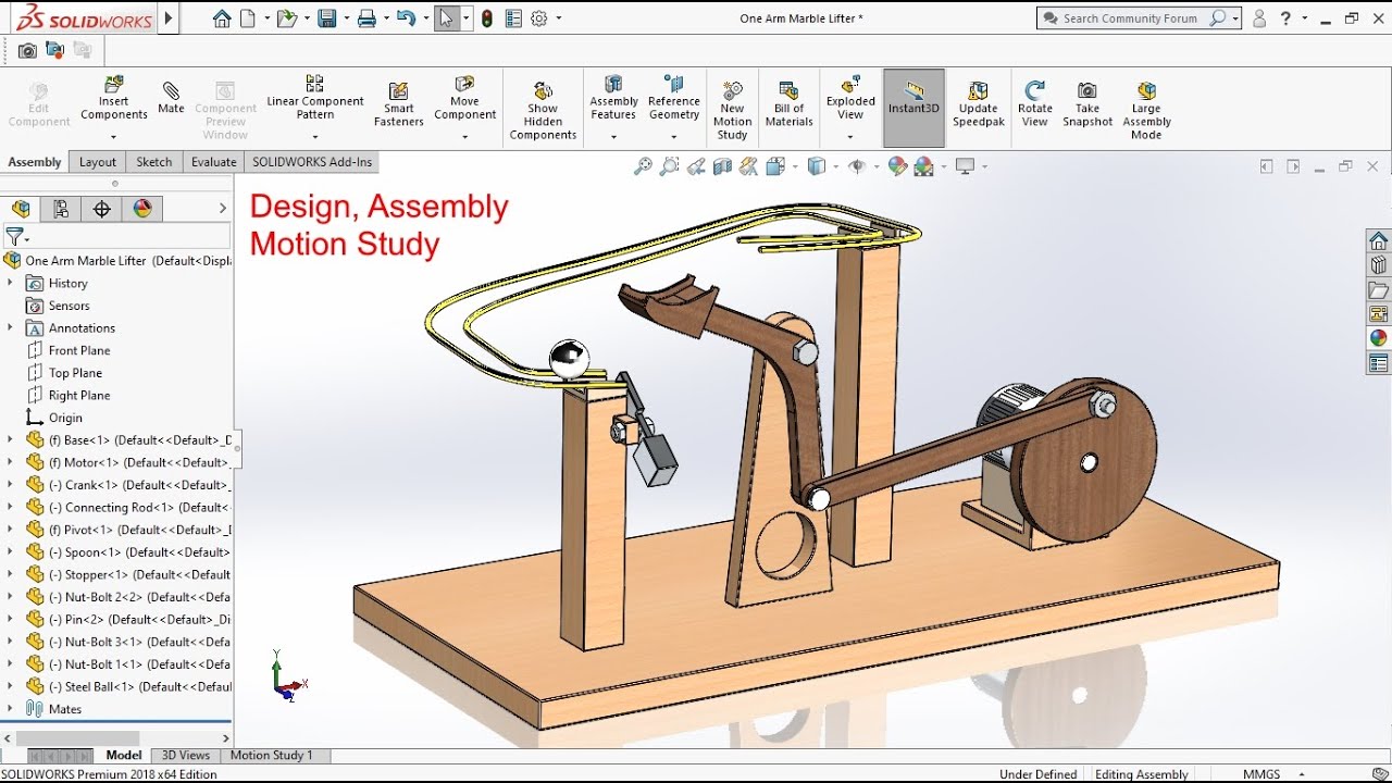 One arm marble lifter machine design assembly motion study in solidworks