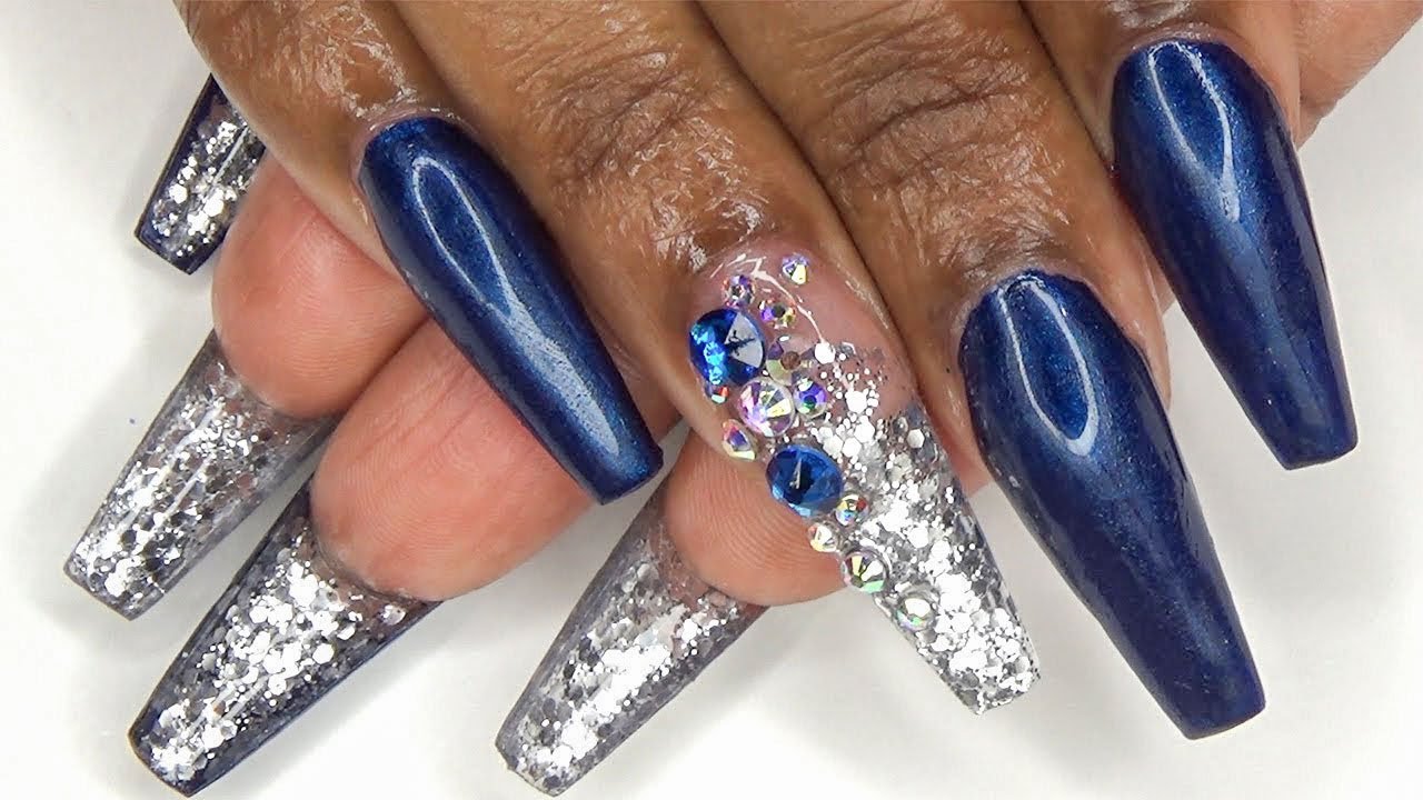 Acrylic Nails Tutorial - How To Full Set with Nail Forms - Navy Blue and Silver Glitter Bottom Nails