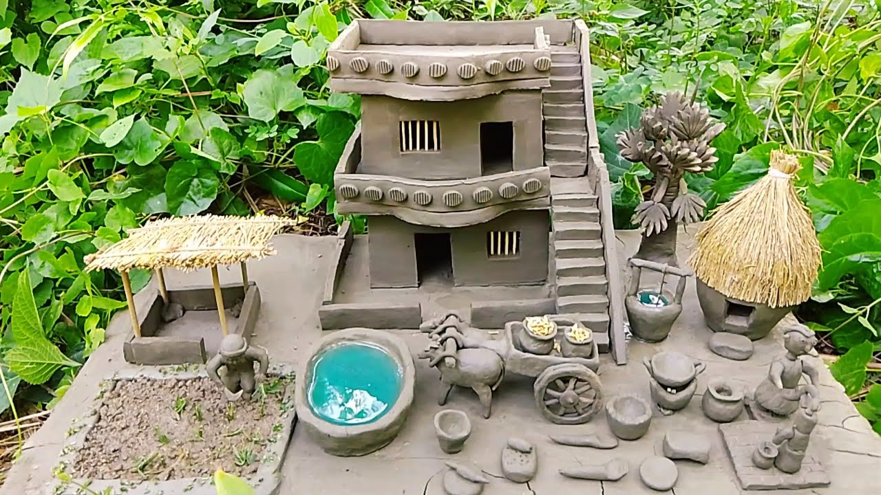 How to Build Miniature Clay House with Cow shed diy agriculture farming Bullock Cart tree kitchenset