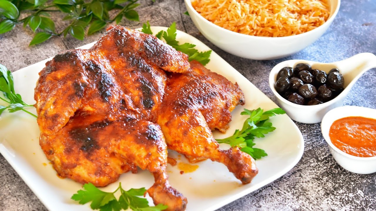 دجاج مشوي بتتبيلة البري بري 😋 مع ارز بطعم جدا شهي Grilled chicken with beriberi seasoning