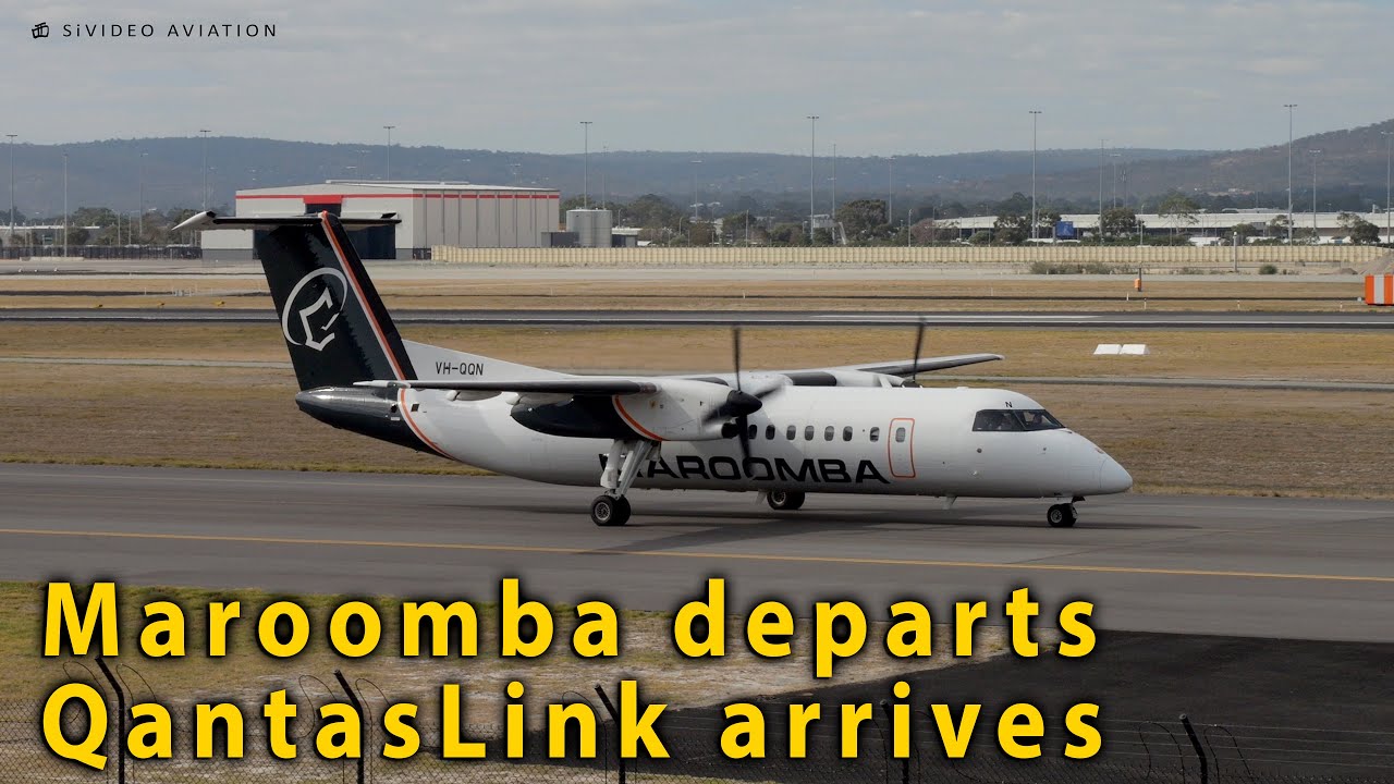 Maroomba Airlines (VH-QQN) departs & QantasLink (VH-NHG) arrives on RW03 at Perth Airport.