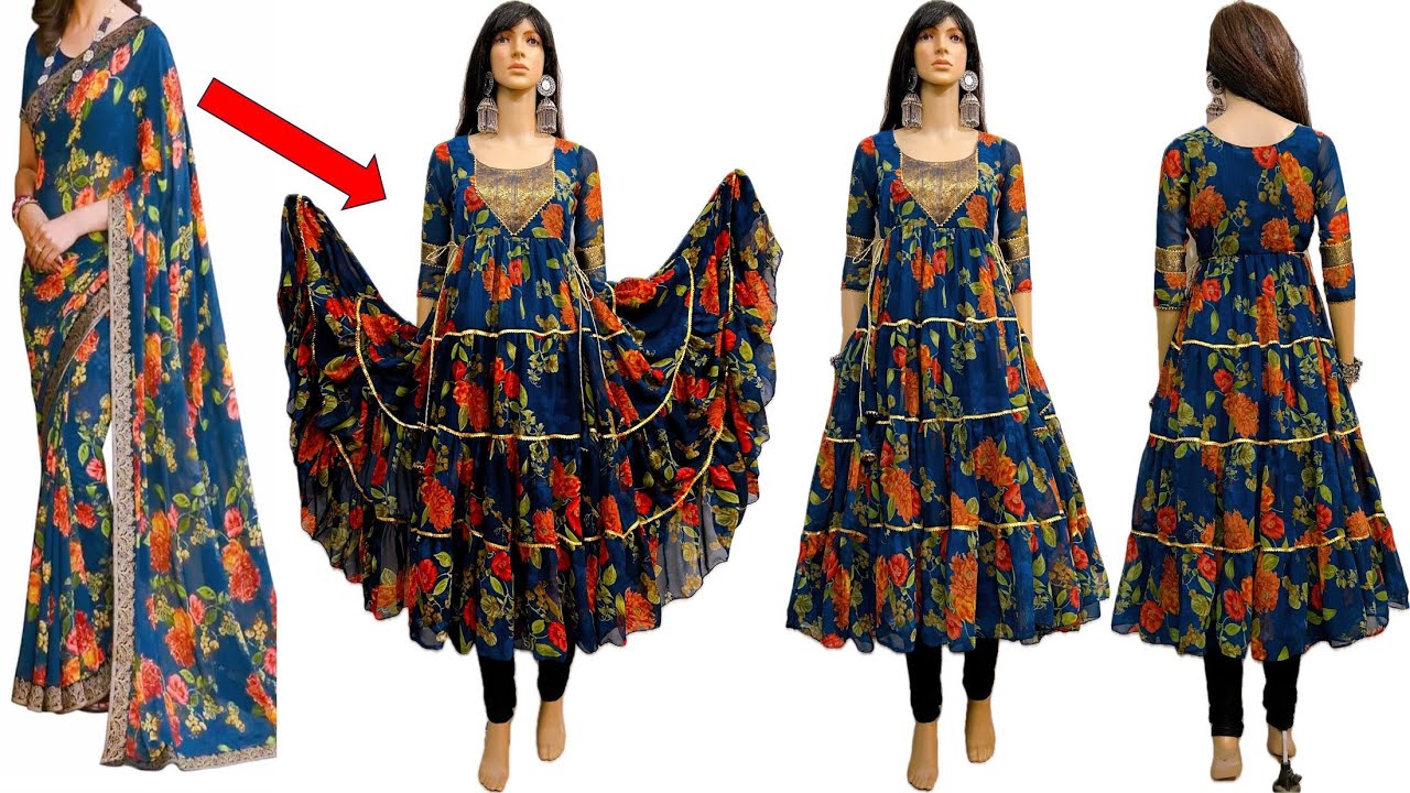 Frill/Layered/Frock Cutting & Stitching/Party Wear Full Flayer long Dress-साड़ी से फ्रॉक बनाना सीखे