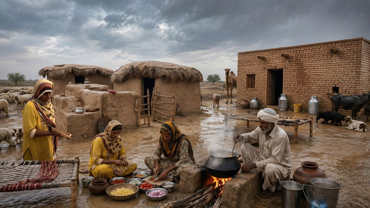 Old Couple Evening Routine in Cholistan Desert | Traditional Village Life | Rain in Pakistan Desert.