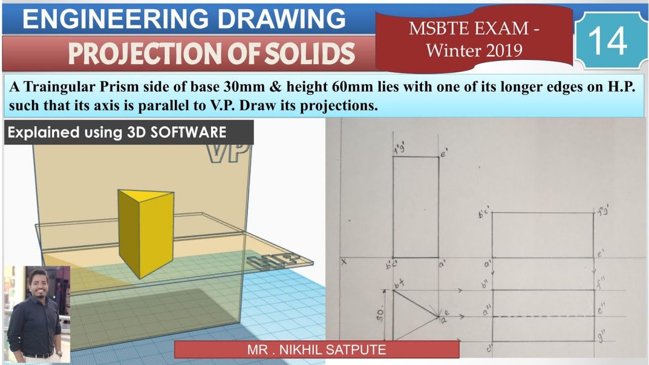 Engineering Drawing | Projection of Solids- Triangular Prism - Problem 14 | Learn with Nikhil
