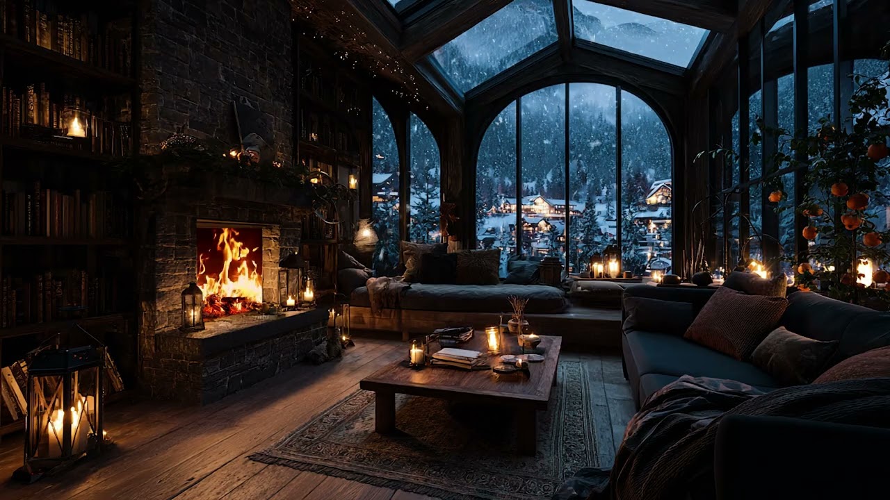 Snowy Wind and Crackling Fireplace Sounds for Deep Sleep, Winter Calm and Night Relaxation Ambience