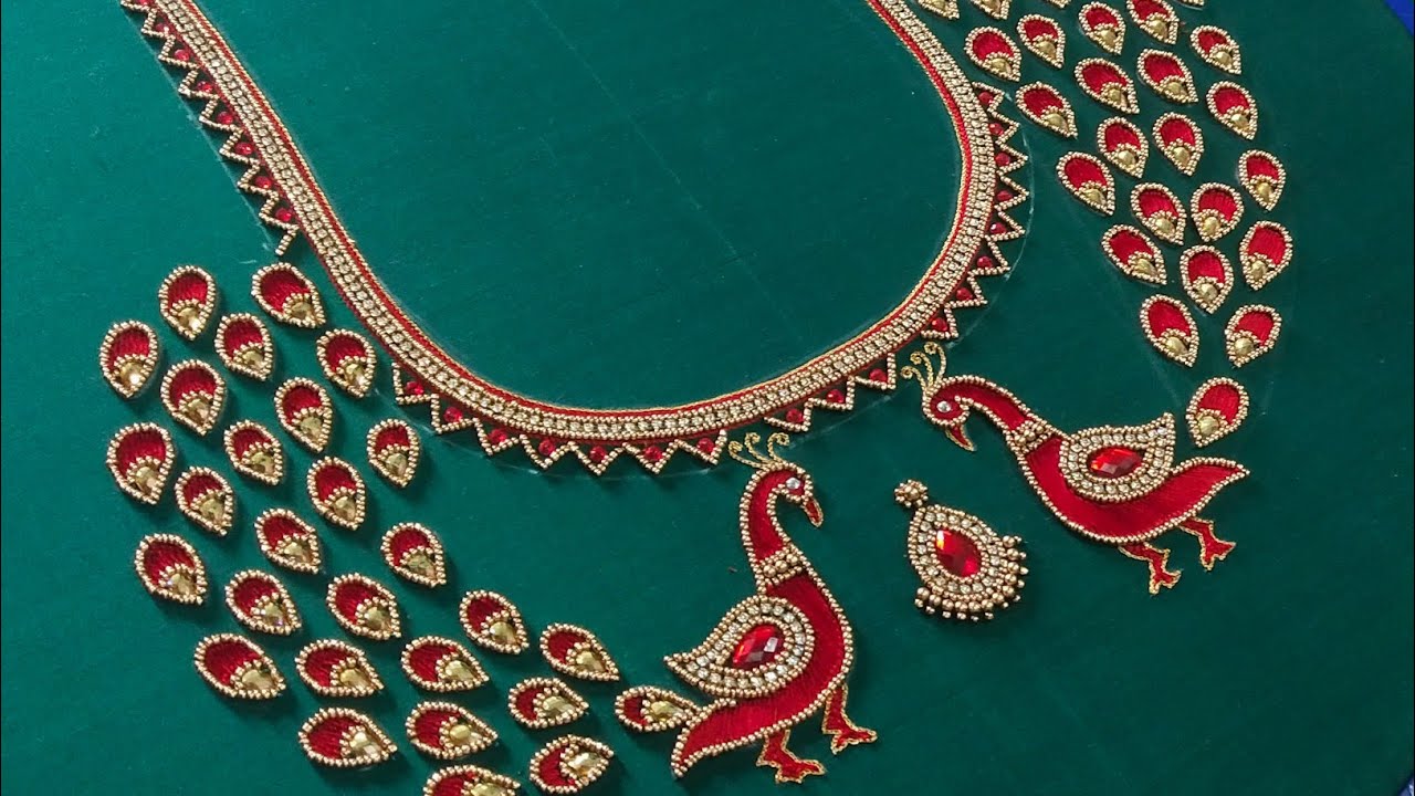 Aari work back neck peacock design |Aari peacock design feather filling |Aari Gallery