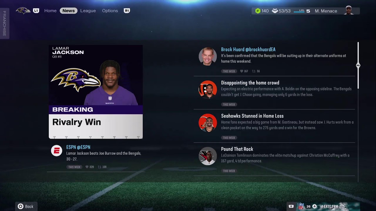 Ravens Franchise wk 7 vs Burrow Bengals