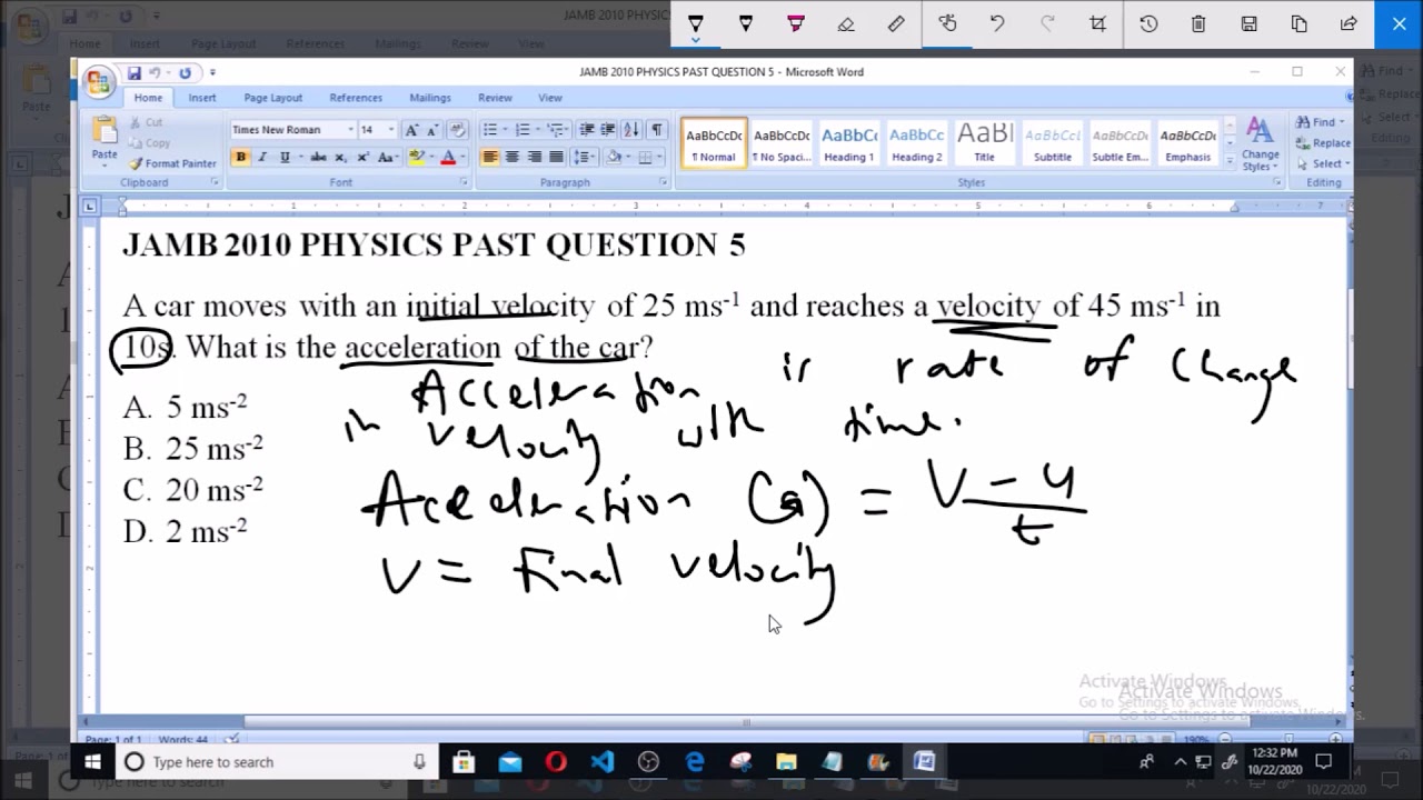 JAMB 2010 PHYSICS PAST QUESTION 5 Acceleration