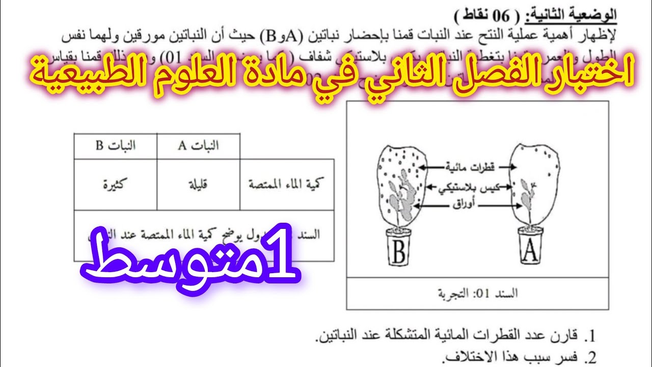 إختبار الفصل الثاني في مادة العلوم الطبيعية السنة الاولى متوسط 
