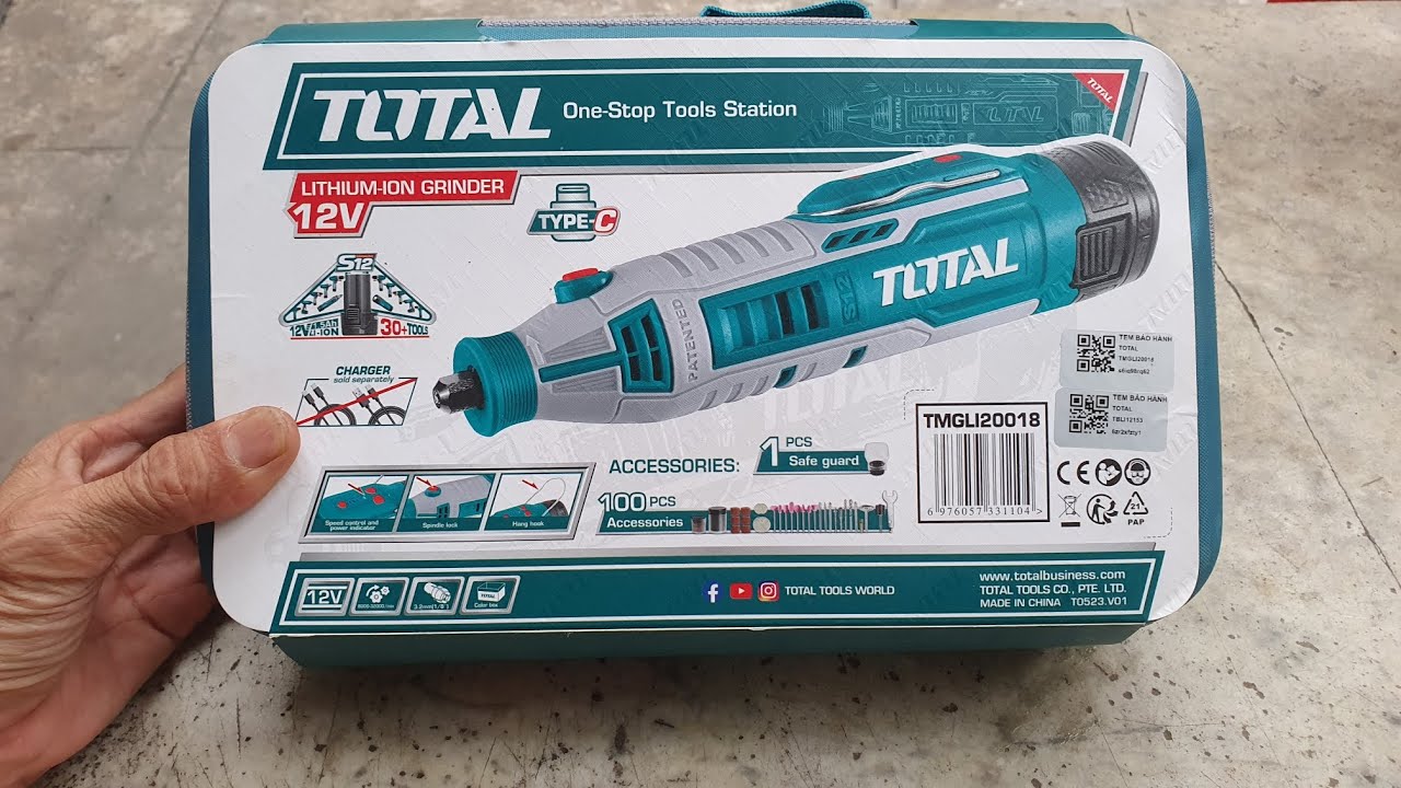 Khui hộp, test chức năng và đo vòng tua máy mài khuôn Total pin 12v TMGLI20018
