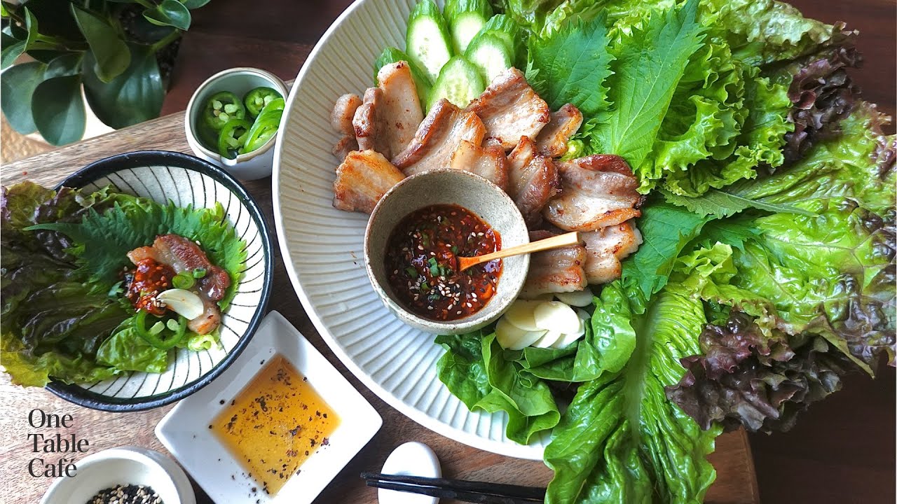 Samgyeopsal - Crispy BBQ Pork Belly with Lettuce Wrap and Miso Dipping Sauce☆ 野菜たっぷり！絶品サムギョプサルレシピ。