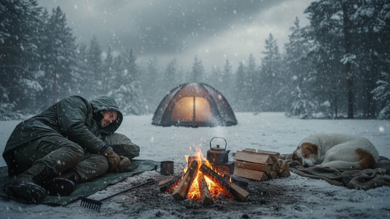 Stormy Pine Forest Camping with My Dog · Inflatable Tent · Fire Holding ASMR