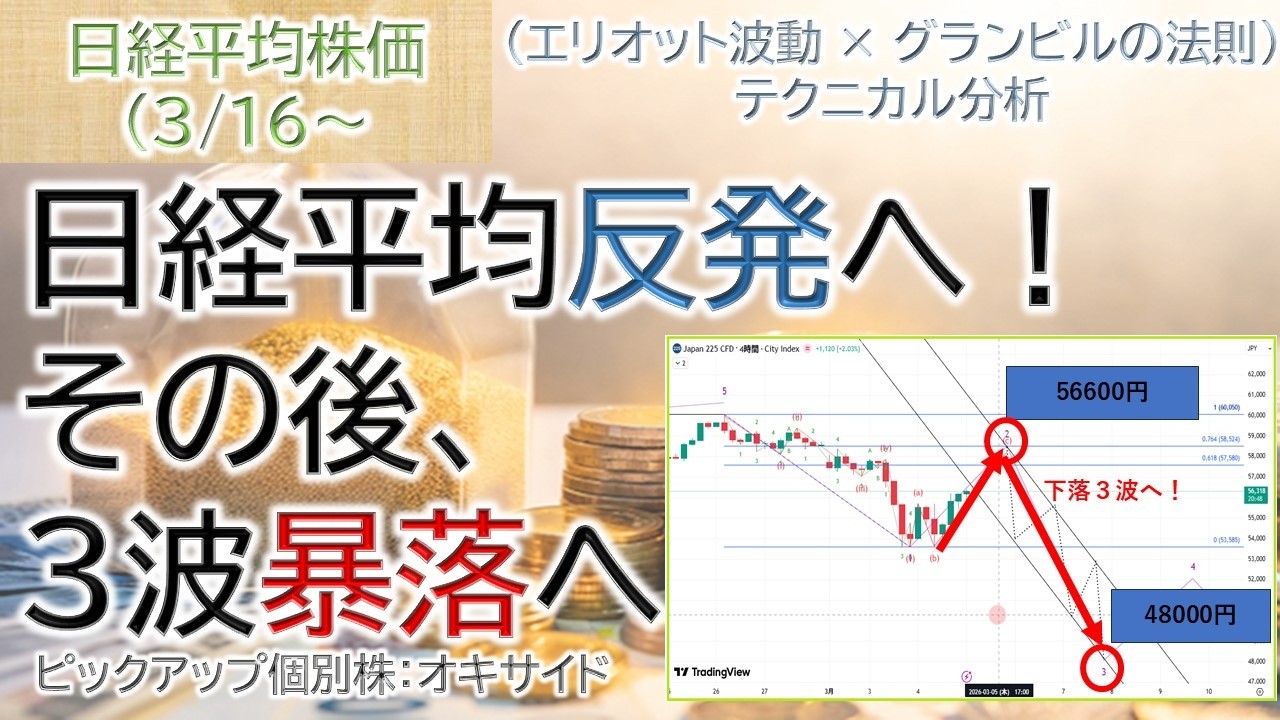日経平均反発へ！上値目途56600円｜その後の本格下落3波を徹底解説【日経平均株価予想3/16～】