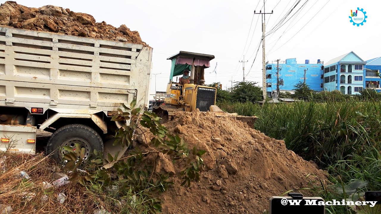 Nice Action New Project Land Filling By Team Construction Operating Skill Dozer & Dump Truck Driving