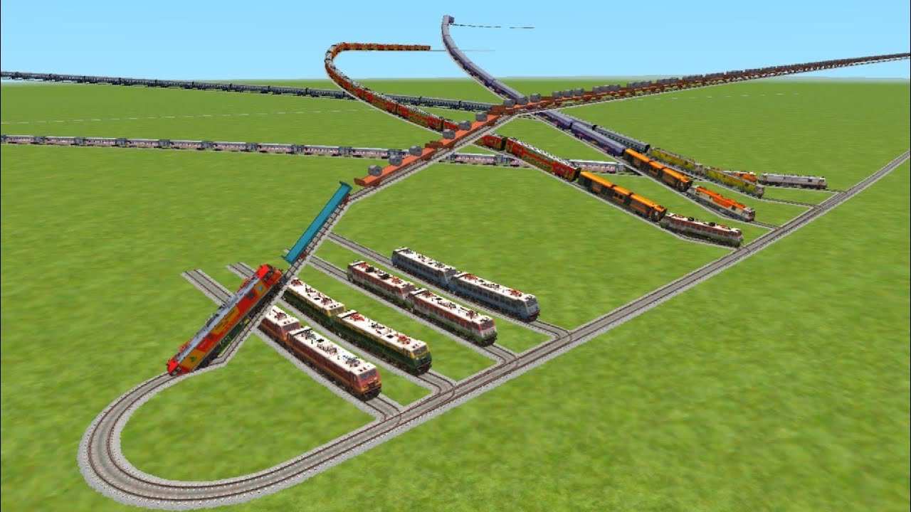 Indian trains locomotive ground railway station track over bridge crossing bumpy railway station 