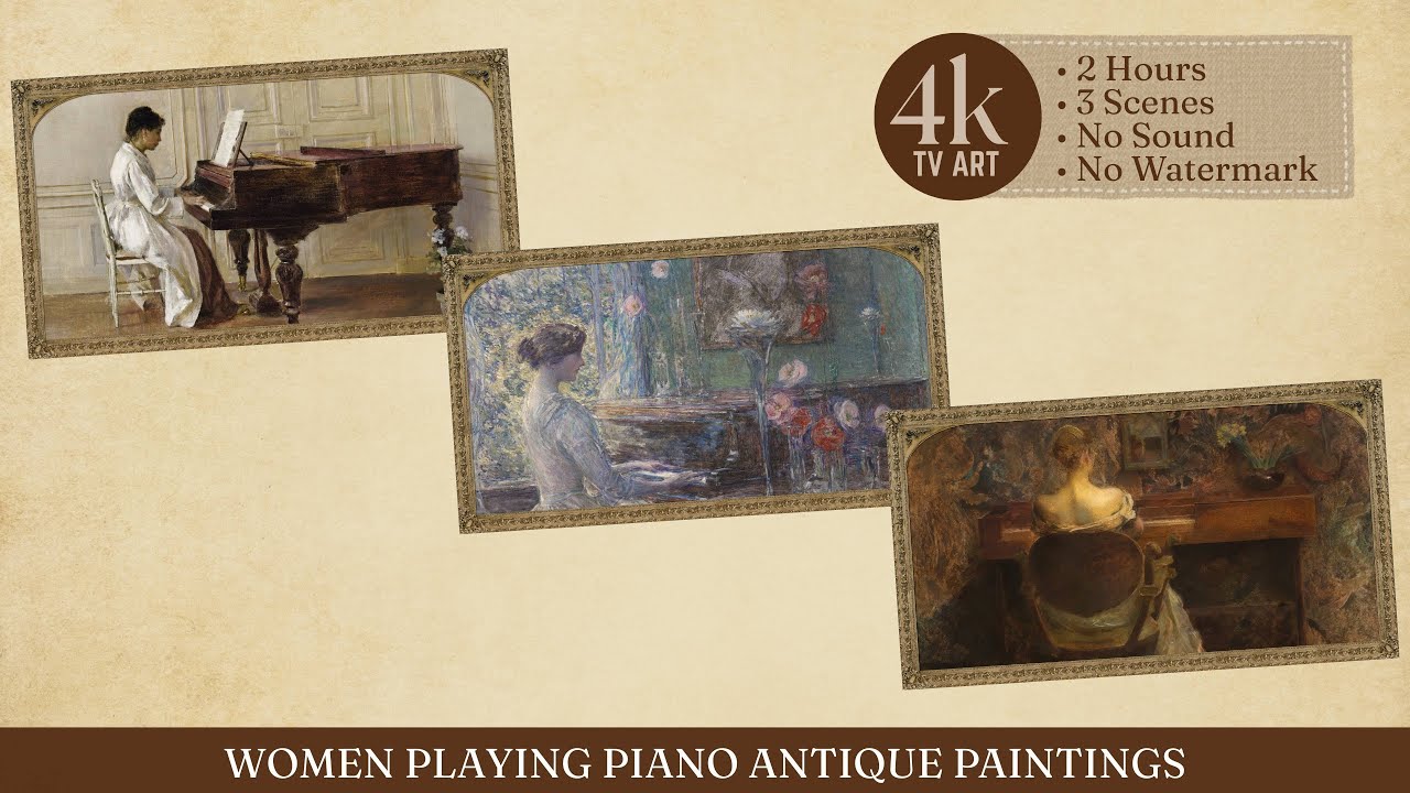 Feminine TV Art Wallpaper - Women Playing Piano Paintings Antique | 4K | Gold Framed Screensaver