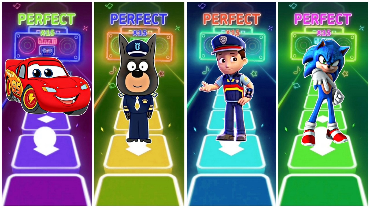 McQueen vs Sheriff Lablador vs Ryder vs Sonic in Tiles Hop EDM Rush Game play🎶