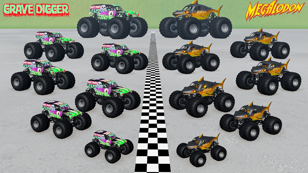 Monster Trucks Racing - Grave Digger VS Megalodon - BeamNG Monster Truck Crashes