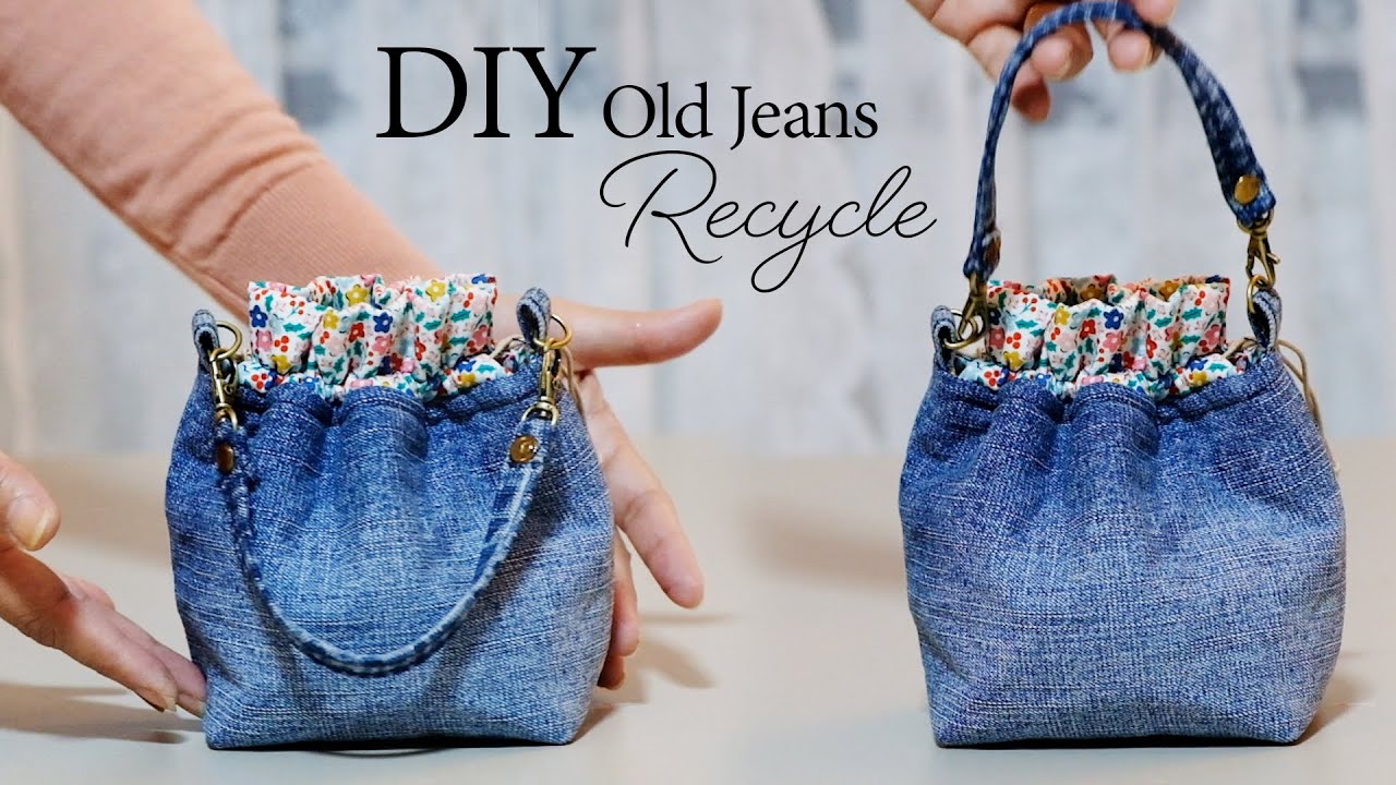 DIY mini bag with a small old jeans. with handle. (254)