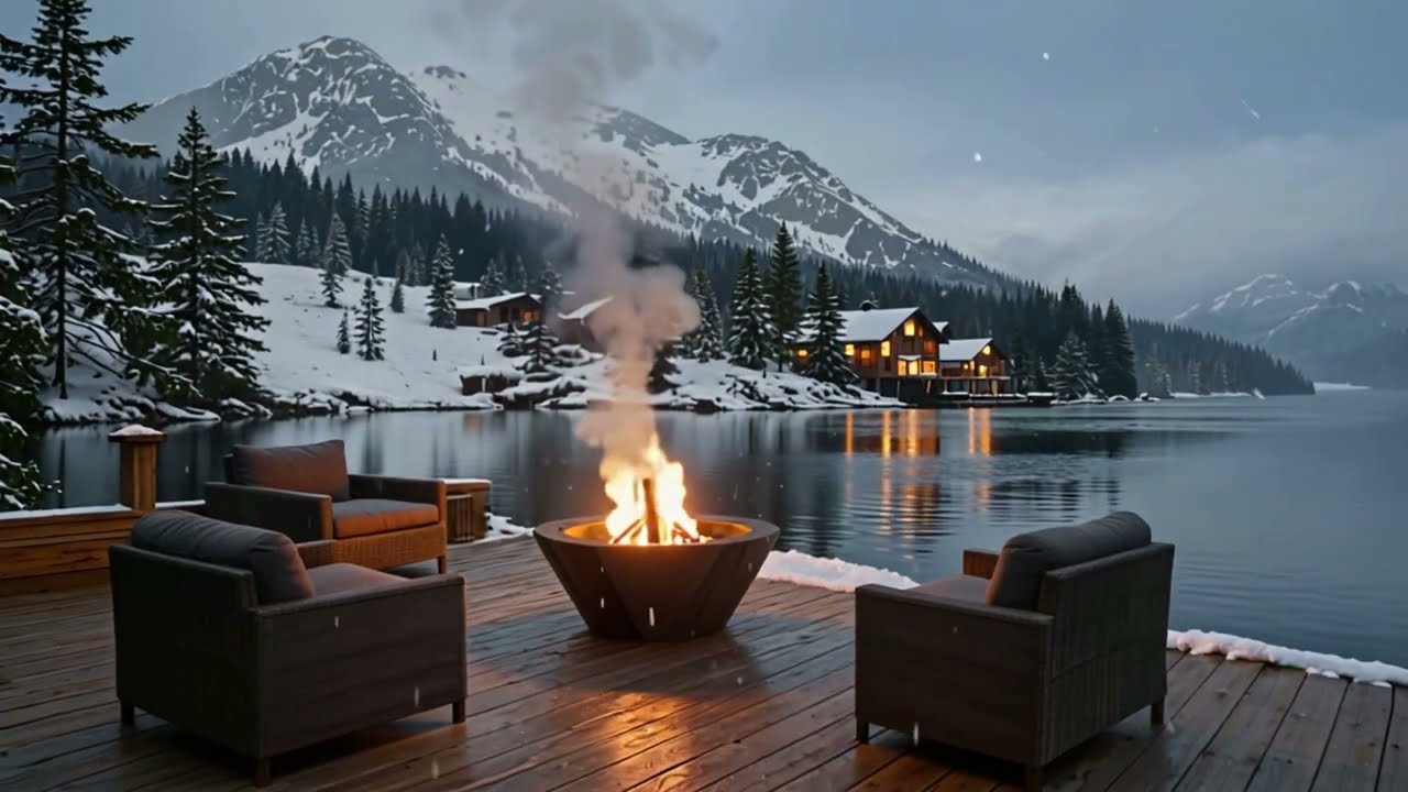 Winter Lake front Cabin Deck and Smooth Jazz