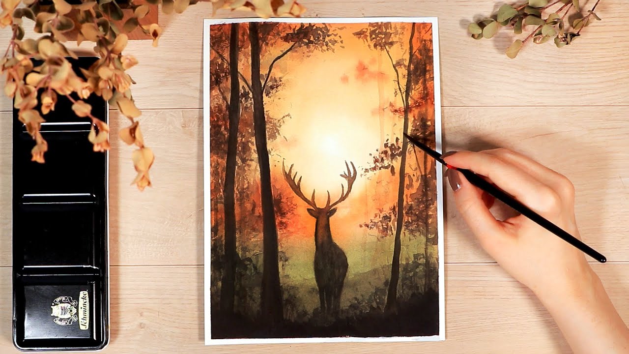 Easy Fall Forest Sunset Watercolor Tutorial // Beginner Friendly