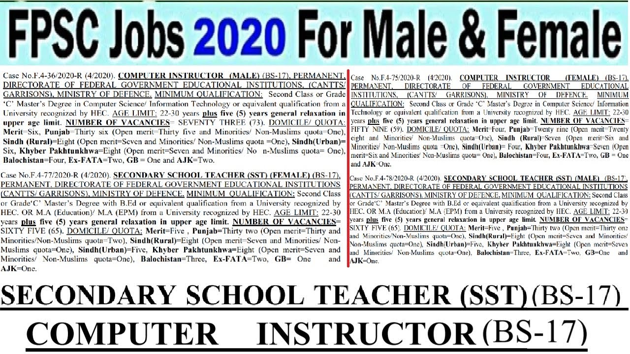 FPSC Jobs June 2020 for Computer Instructor and Secondary School Teacher SST Advertisement 04/2020