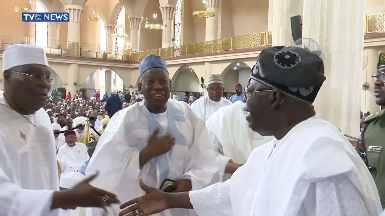 WATCH: President Tinubu, Atiku Exchange Warm Handshakes In Mosque
