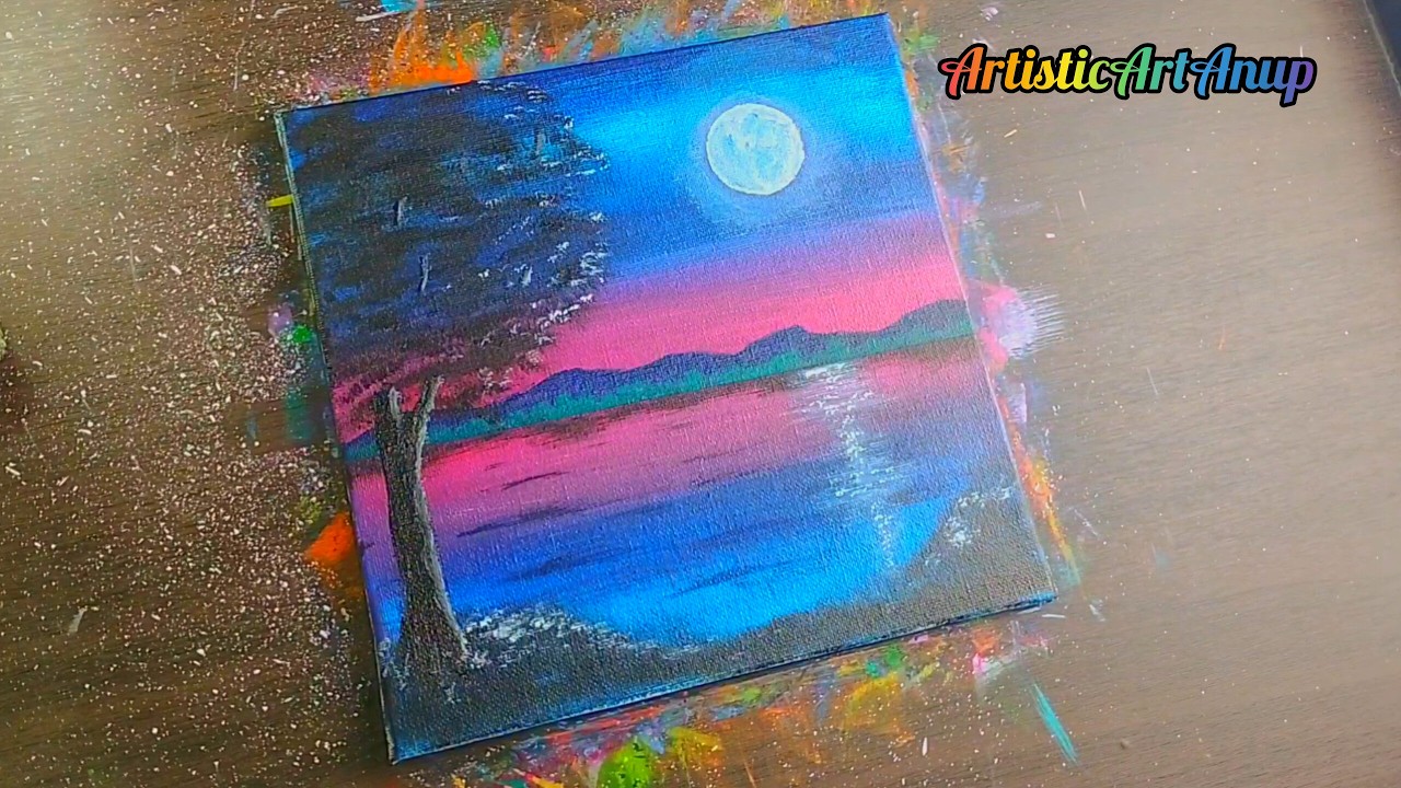 River in moonlight acrylic painting | easy acrylic painting 🎨🎨