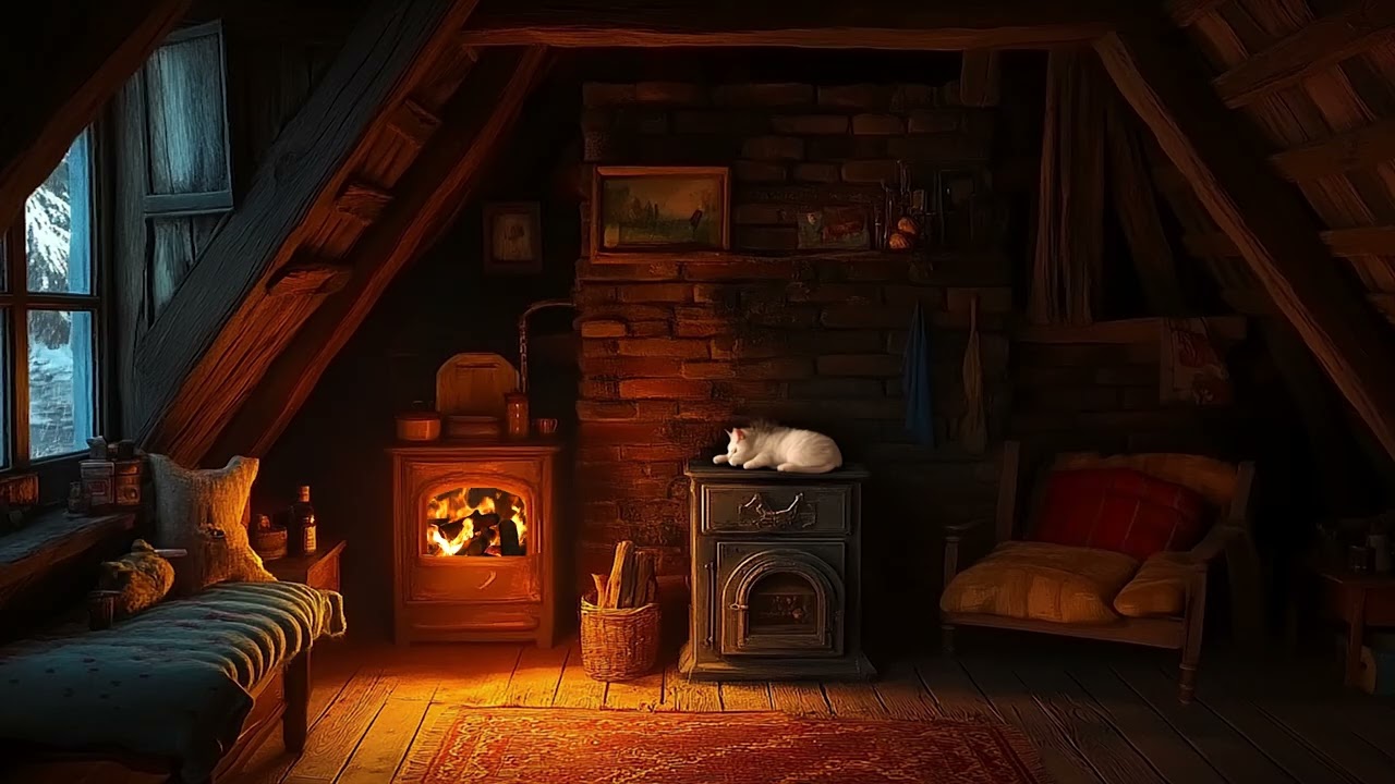 Warm Cabin Night During a Snowstorm with Gentle Fire Sounds to Help You Sleep