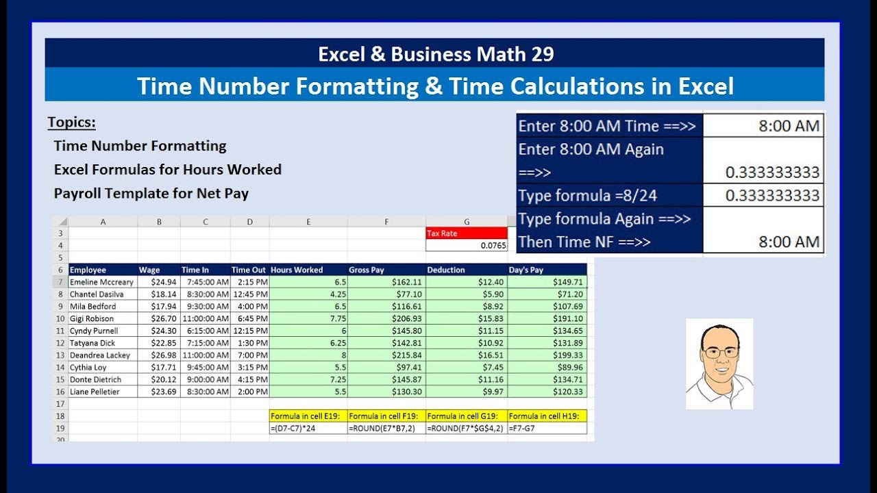 Excel & Business Math 29: Time Number Formatting & Time Calculations in Excel for Payroll Table