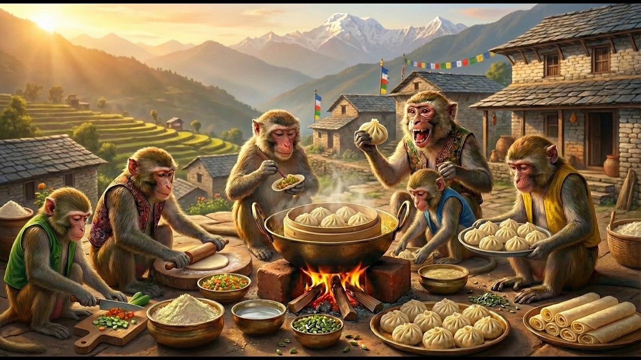 Monkeys Preparing Traditional Veg Momos | Himalayan Village Style