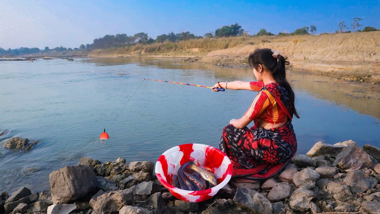 Fishing video || The wonderful girl is fishing with a hook in the river || Hook fishing